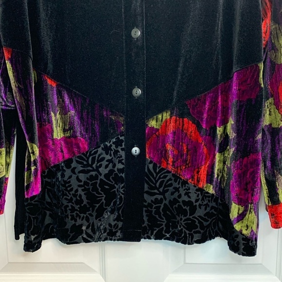 TANJAY Petites Black Velour Blouse Floral Sleeves, Burnished Floral Sheer Size M - Picture 2 of 13